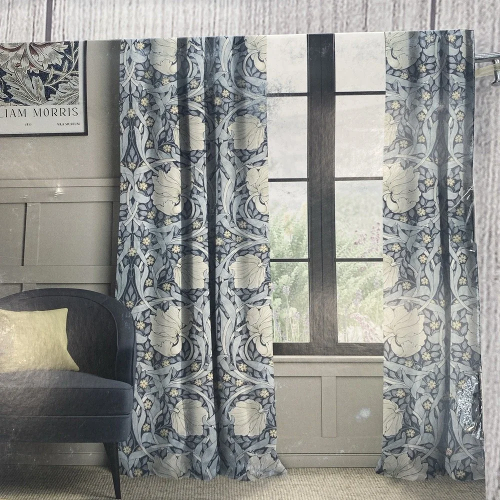 William Morris Curtain Panel Pair 50x84 Pimpernel Ink Navy Blue Floral Cotton